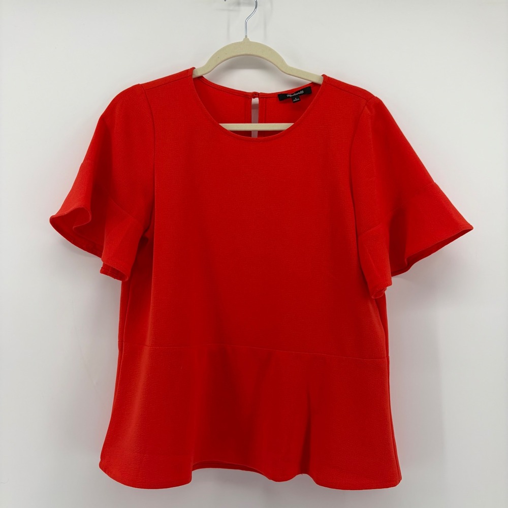 Madewell Womens Small Orange Red Peplum Top Short Flutter Sleeve Crepe Blouse